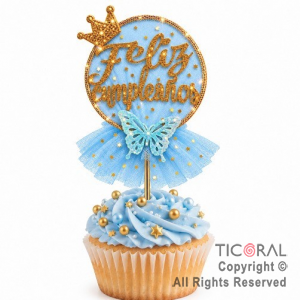 CAKE TOPPER FELIZ CUMPLEA�OS CIRCULO ORO CON TUL CELESTE